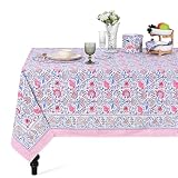Picture of Ridhi Pigeon Blue and Flamingo Pink Hand Block Print Cotton Rectangle Tablecloth 60" x 60" inches Reusable Table Cover Decorative Everyday Use for Dining Room, Farmhouse, Gift Spring, Mother's Day
