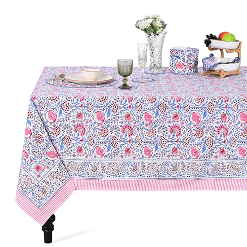 Ridhi Blue & Pink Hand Block Print Square Tablecloth 60x60 Inch