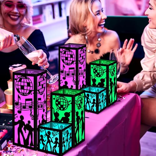 Image of Rossesay 24 Pcs Disco Centerpieces for Table 3 Size 70s Disco Ball Dancer Paper Lantern Boxes Let's Boogie Table Ideas Decorations for 70s 80s Music Themed Party Decor Birthday Decorations