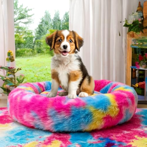 Image of RvPaws Faux Fur Pet Beds for Indoor, Dog Bed for Small & Puppy, Soft Fluffy Donut Cuddler Washable Round Pet Bed for Puppy and Kitten (Length 19 Inch - Small)
