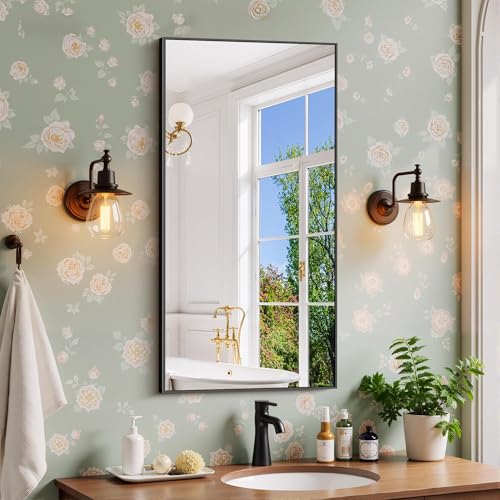 Image of COFENY Black Bathroom Mirror for Wall, 20x40 Inch Rectangle Mirror with Metal Frame, Modern Vanity Mirrors for Bathroom Living Room, Entryway Hangs Horizontal or Vertical