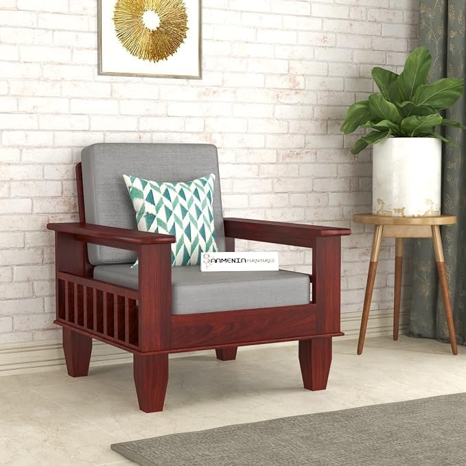 Image of Sheesham Wooden 1 Seater Sofa for Living Room | Rosewood 1 Seater Cushion Sofa with Side Newspaper Holder for Home & Office | Solid Wood Sofa Set for Lounge (Mahogany Finish)