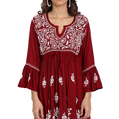 Image of indiankala4u Lucknow Chikankari Hand Embroidered Fit and Flared Top, Short Kurti for Women, Modal Cotton