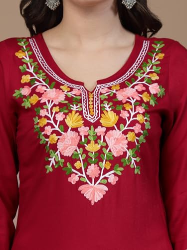 Image of QAZMI Women's Floral Aari Embroidered Viscose Rayon 3 /4 Sleeves Straight Kurta