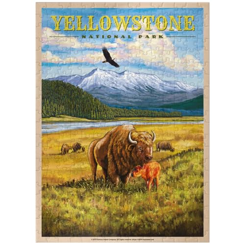MyPuzzle Yellowstone National Park - Hayden Valley Bisons, Vintage Travel Poster - Premium 300 Piece Jigsaw Puzzle for Adults