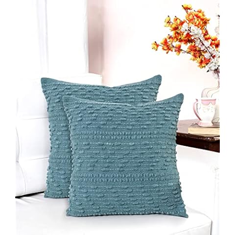 ACCENTHOME Boho Throw Pillow Cover 20x20 Inch (2 Pc) Cotton Hand Woven Decorative Design Pillows for Farmhouse Couch Sofa Bedroom | Teal Tufted Pillow Covers | Home Decor Textured Hug Pillowcases Cover