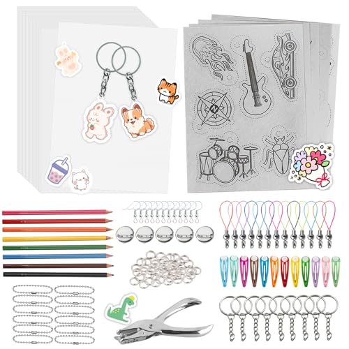 Altdeovk Plastico Magico, A5 Papel Magico,125 Piezas Papel Magico Horno para Manualidades, Incluye Lápices De Colores, Perforadoras, Ganchos, Las Orejas, Pinzas, El pelo, llavero (20x14.5cm)