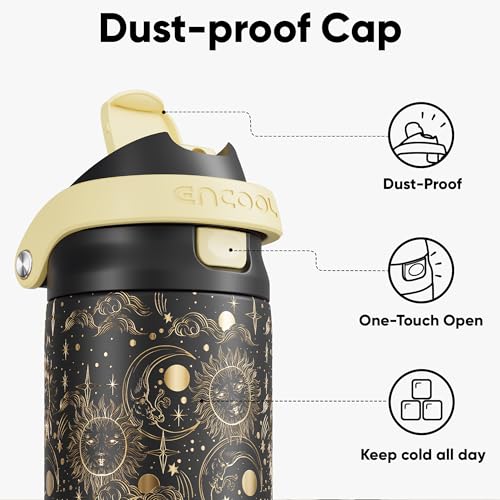 Image of ENCOOL Leakproof Insulated Water Bottle with Straw Dual-Sip Water Bottle Bag-Safe Design for Work, Commute & Gym - Keeps Drinks Cold All Day, 24 oz, Moonlit Orbits