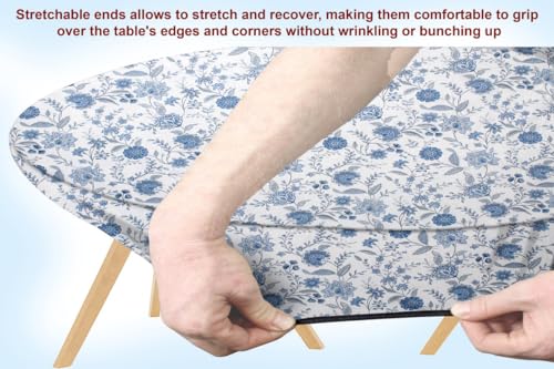 Image of The Furnishing Tree Elastic Cotton Oval Dining Table Cover 30x48 in Inches Floral Blue on White Base