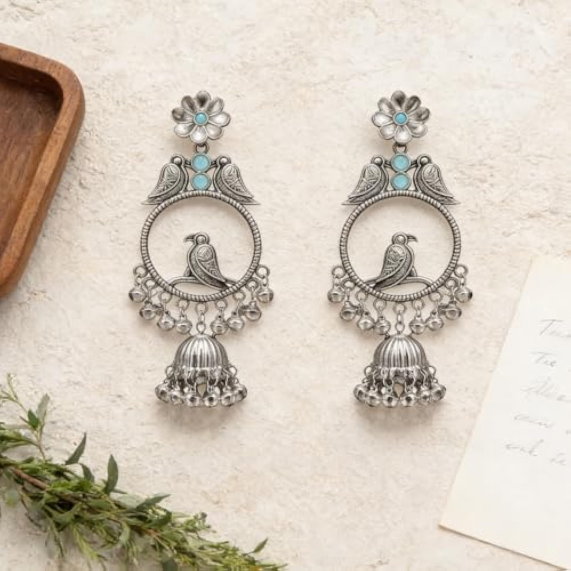 Women's Traditional Bird Motif Oxidized Jhumka Earrings