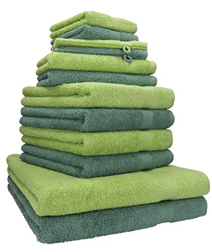 Betz Handtuch Set Premium 12-teilig 100% Baumwolle – 2 Duschtücher, 4 Handtücher, 2 Gästetücher, 2 Seiftücher, 2 Waschhandschuhe – Weiche Frottee Handtücher 470g/m² - Farbe tannengrün/avocadogrün
