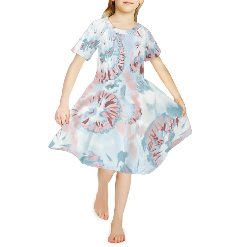 Chickwin Vestido Niña 4-14 Años Ropa Niña para Verano, Vestidos Niña Fiesta de Cuello Redondo, Mono Niña Vestir con Tie-Dye Vestido Niña Manga Corta - Casual & Banquetes