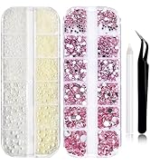 RODAKY 2 Boxes Flatback Pearls and Rhinestones for Crafting,Mixed Size Light Pink Resin Rhineston...