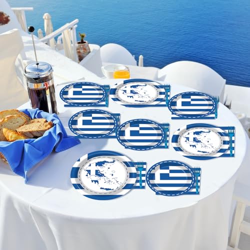 Image of gisgfim 96 Pcs Greek Flag Greece Plates and Napkins Party Supplies Greek Flag Birthday Party Tableware Set Blue Greece Birthday Decorations Favors for Greek Family Gathering Dining for 24 Guests