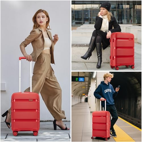Image of Kono Carry On Luggage 20 Inch Expandable 22x14x9 Airline Approved Hard Shell Travel Trolley 4 Spinner Wheels Lightweight Polypropylene Suitcase with TSA Lock, Red