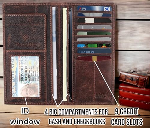 Image of F&L CLASSIC Men's RFID Vintage Look Genuine Leather Long Bifold Wallet Checkbook Wallets, hard wax crunch, Classic