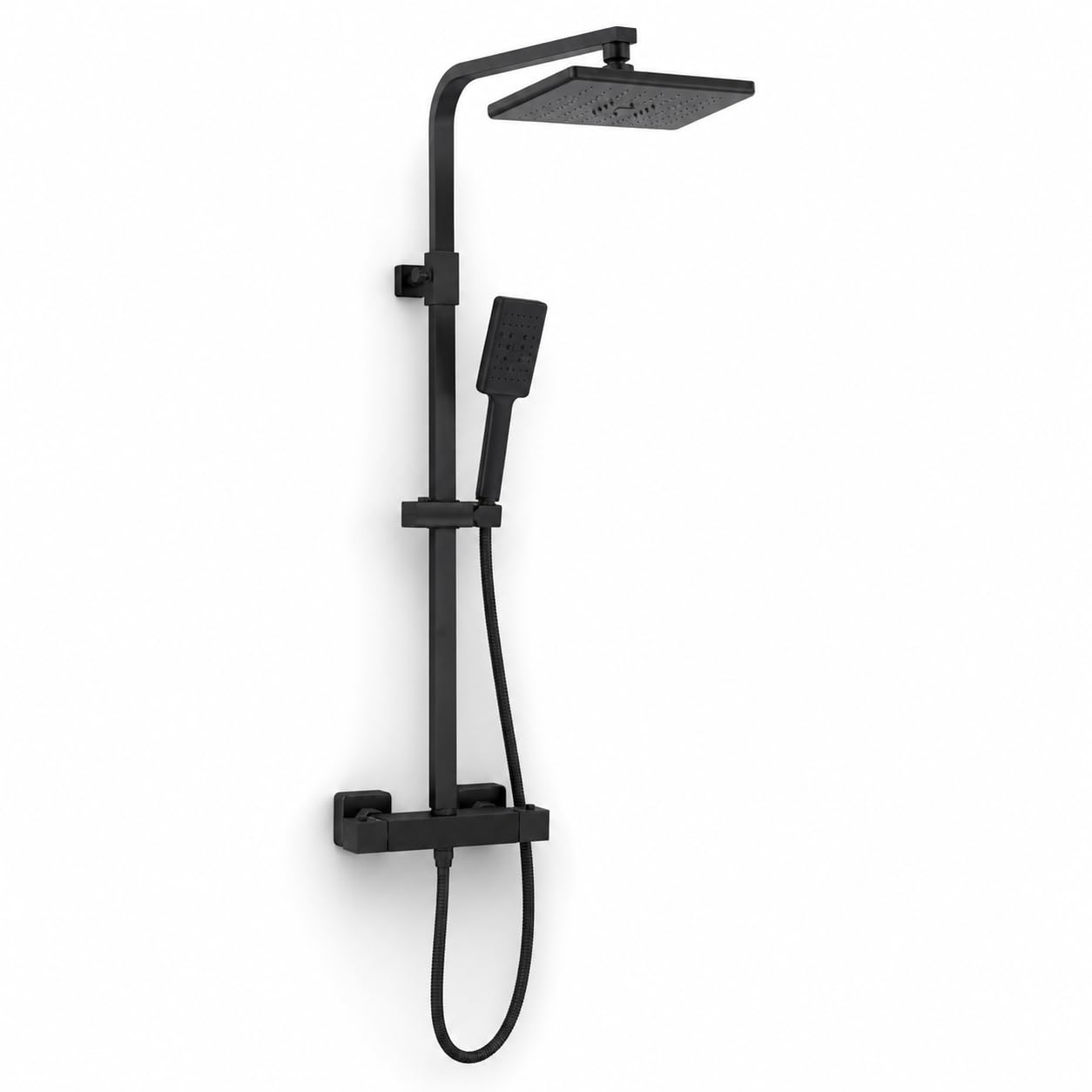 Columna de ducha termostática negra, conjunto de ducha de lluvia con mezclador termostático, ducha de mano y barra ajustable, sistema de ducha de pared para cuarto de baño hotel