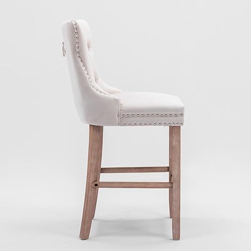 Miniatura 5 de i-POOK Juego de 2 taburetes de bar de altura de mostrador, taburetes de bar tapizados de terciopelo con patas de madera maciza, botones copetudos y