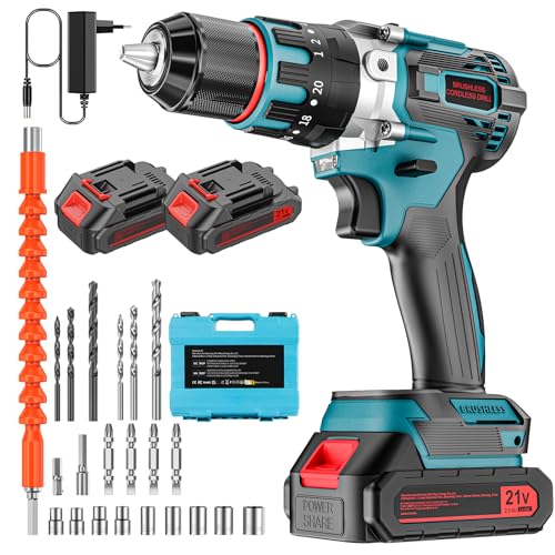 Brushless Taladro Percutor a Bateria 21V, Taladro Atornillador Electrico, Taladro Atornillador Batería Inalámbrico Destornillador Eléctrico Para Hogar, Bricolaje,2×2.0Ah Baterías, 80N.m Max, 0-3000RPM