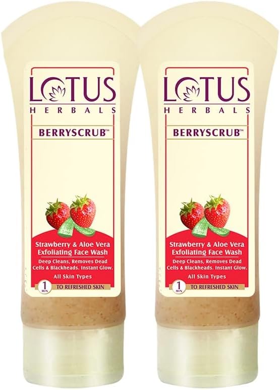Lotus Herbals Berryscrub Strawberry & Aloe Vera Exfoliating Face Wash | Deep Cleaning | Blackhead Removal | For All Skin Types | 120g (Pack Of 2)