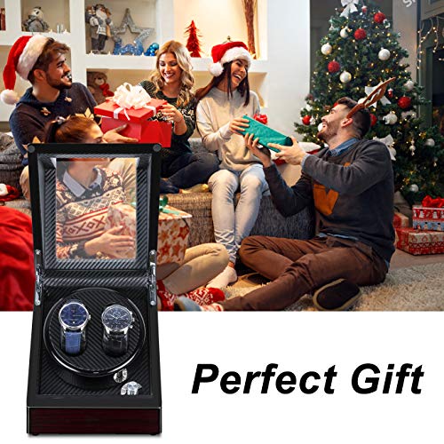 Kalawen Double Wooden Watch Winder for Automatic with Quiet Motor, Battery Powered or AC Adapter-5 Rotation Modes (Red)