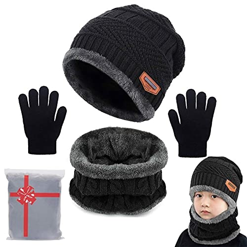 Yutdeng Bufanda Gorro Guantes Beanie Unisexo Niño Set de Bufanda Conjunto de Guantes Punto Sombreros Invierno Regalos Niño(a-Negro,talla única)