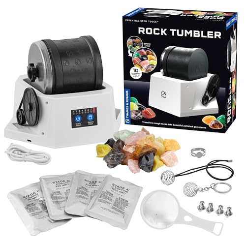 The Thames & Kosmos Rock Tumbler Essential STEM Tool | Durable, Leak-Proof, Noise-Reducing Barrel, Built-in Timer | Polish & Shine Kids Rock Collections, Includes Authentic Specimens & Polishing Grits