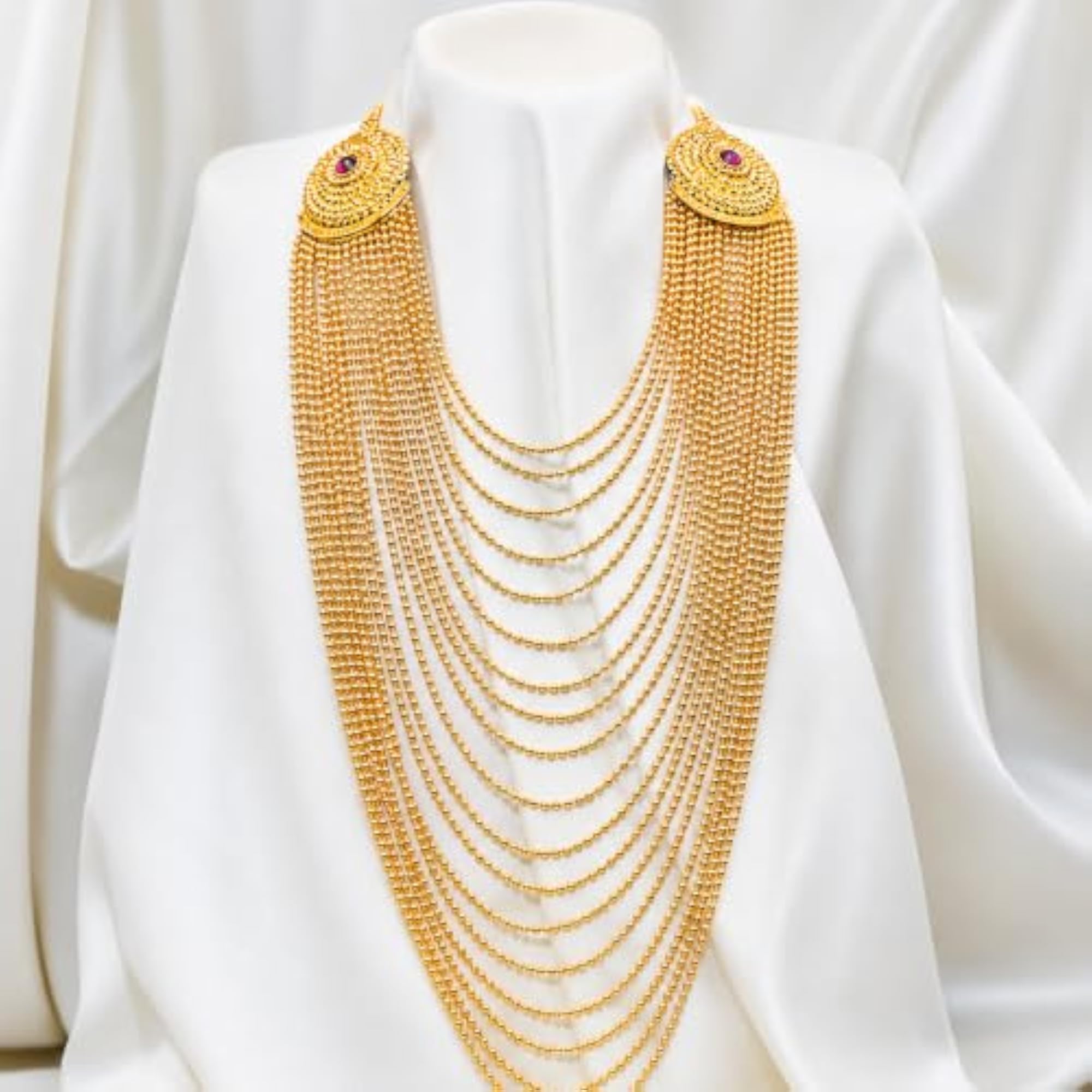Latest Finish Multi-Layer Beaded Long Necklace with Red Stone Stud