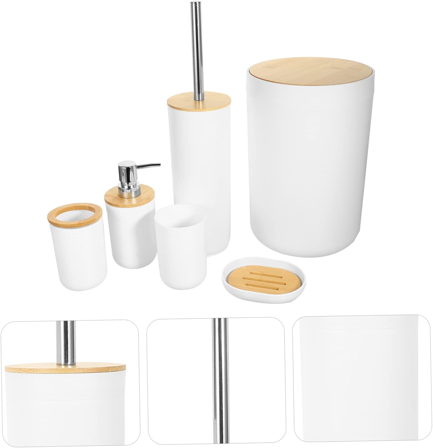 6-Piece Bathroom Accessories Set Bamboo Lid Trash Can Soap Dish Toothbrush Cup Toilet Brush Waterproof and Easy to Clean for Home Use