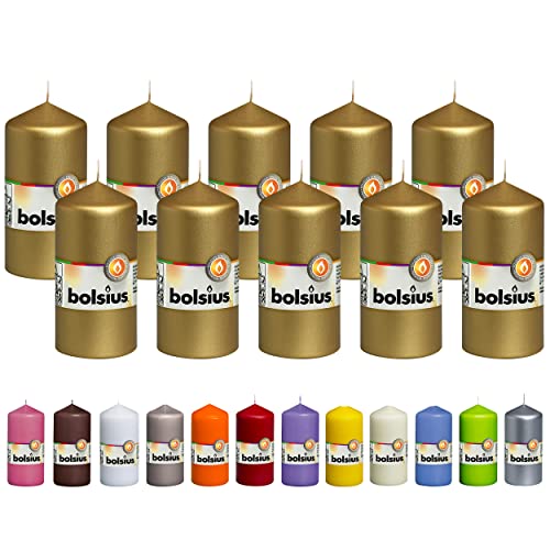 BOLSIUS 10 Gold Pillar Candles Metallic - 2.25 x 4.75 Inches - Premium European Quality - Individually Wrapped - 33 Hours Burn Time - Dripless Smokeless Unscented Wedding, Party, & Home Decor Candles