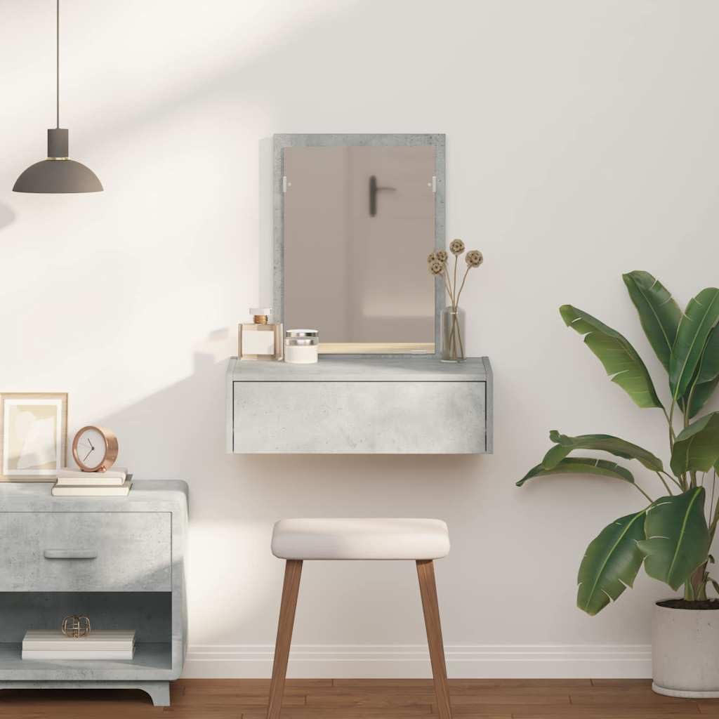 Tavolo da trucco grigio in legno ingegnerizzato 60 x 40 x 70 cm con specchio piano e cassetto, mobiletto salvaspazio per camera da letto, consolle con portaoggetti per make up