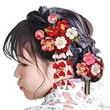 [OTAKUMARKET] 七五三 髪飾り 753 卒業式 成人式 浴衣 髪 飾り 花 袴 着物 振袖 和装 卒業式 鈴付き つまみ細工 女の子 子供 ヘアアクセサリー 4タイプ (A 赤)