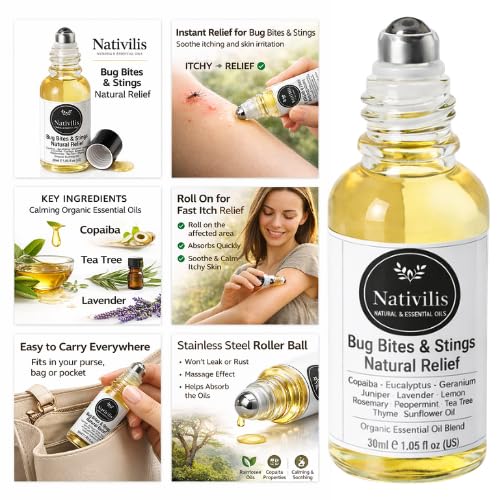 Nativilis Natural Relief for bug bites stings mosquito nettle fleas - Organic Essential Oil Formula - Roll on ball Stainless Steel Ideal Capacity 30ml Daily Use Travel Easy to carry in your purse/bag