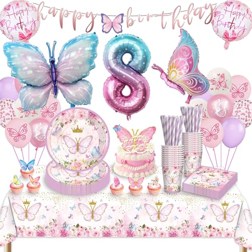Butterfly Party Tableware Set, Butterfly Balloons 8th Birthday Decoration for Girls, Butterfly Balloons Paper Plates for Girls Party Birthday Decoration, 16 Guests