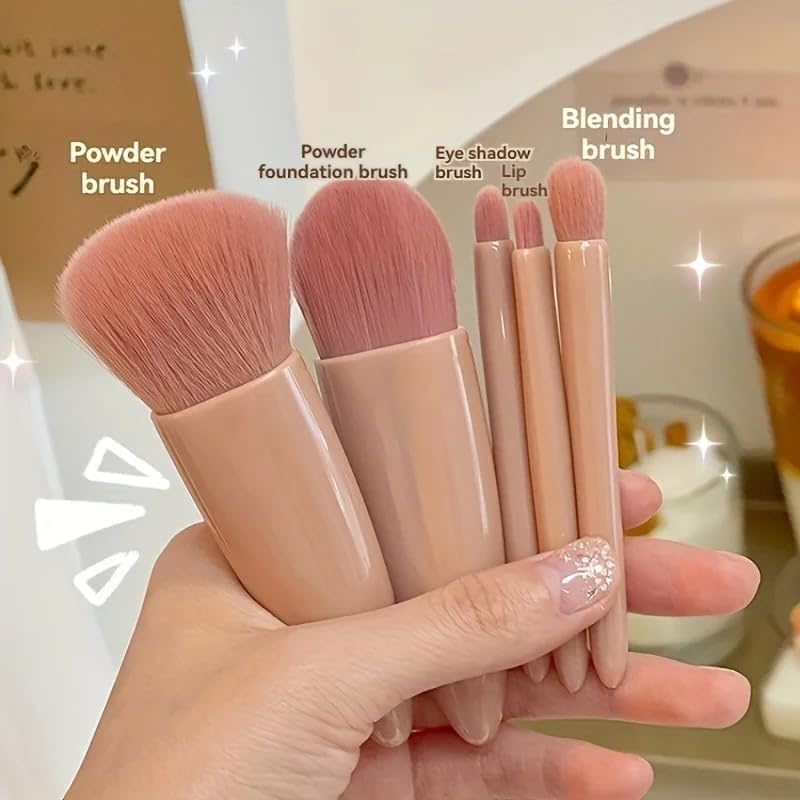 Image of Travel Makeup Brush Set 5 Pieces with Mirror & 2 Pink Makeup sponges - Mini Portable Cosmetic Brushes Kit for Face Eye Foundation , For Eyeshadow And Easy Blending - Compact Beauty Tools ( pack of 7 )