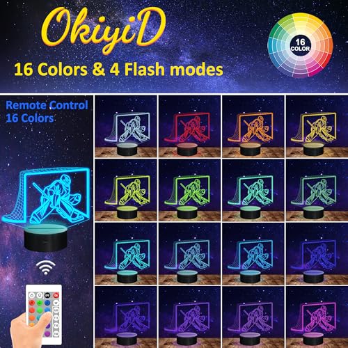 OkiyiD Hockey Gifts for Boys, 3D Hockey Goalie Lamp, 3D Hockey Night Light with 16 Colors Timer Remote and Touch Control, Ice Hockey Decor for Kids Room, Boys Girls Birthday Gifts
