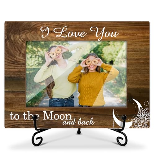 DOIUCRO Romantic Couples Picture Frame - I Love You To The Moon and Back 4x6 Wooden Frame with Stand, Gifts for Family Vacation Honeymoon Wedding, Home Office Desk Holiday Decorations - 21