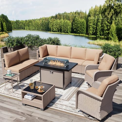 Aukreolis 11 Pieces Patio Furniture Set with Fire Pit Table, Outdoor Sectional Wicker Sofa with Thick Cushions, High Back Swivel Rocker Patio Chairs, Rattan Conversation Set with Coffee Table, Khaki