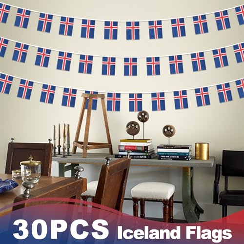 Image of Iceland String Flag Pennant Banner, Small Mini Icelandic Flags Bunting Banner, National Country Decoration for School, Party, Sports Events, Patriotic Festival, 33 Feet 30 Flags