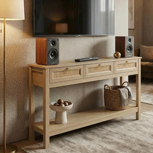 Image of Console Table for Entryway, 3 Drawers Console Table with Storage, Brown Wooden Console Table with Real Rattan & Gold Handles, Modern Console Tables for Living Room Decor, Bedroom, Hallway | DIY