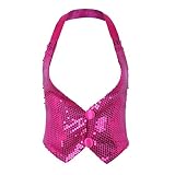 iEFiEL Damen Pailletten Weste Top Klassische Waistcoat Hip Hop Tanz Jazz Neckholder Top DJ Clubwear Gogo Kostüm in Silber Gold schwarz Rose Rose Einheitgröße