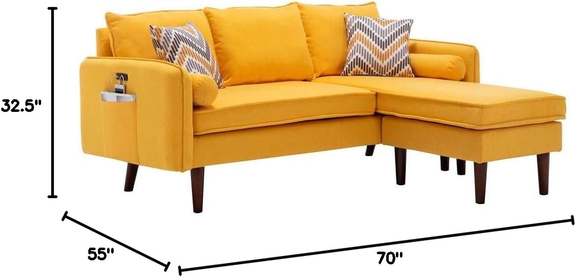 Lilola Home 70-inch Yellow Linen Reversible Sectional Sofa Chaise with USB Charger & Pillows