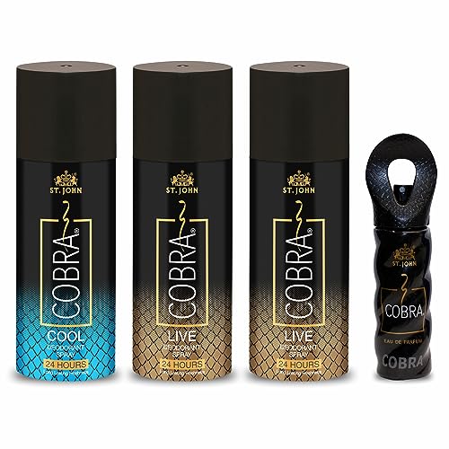 ST.JOHN COBRA Perfume Body Spray For Men & Women | Irresistible Scent Fresh and Soothing Long Lasting Good Fragrance Deo Cool & Combo Live Deodorant Spray + Cobra Perfume 15Ml (465ml, Pack of 4)