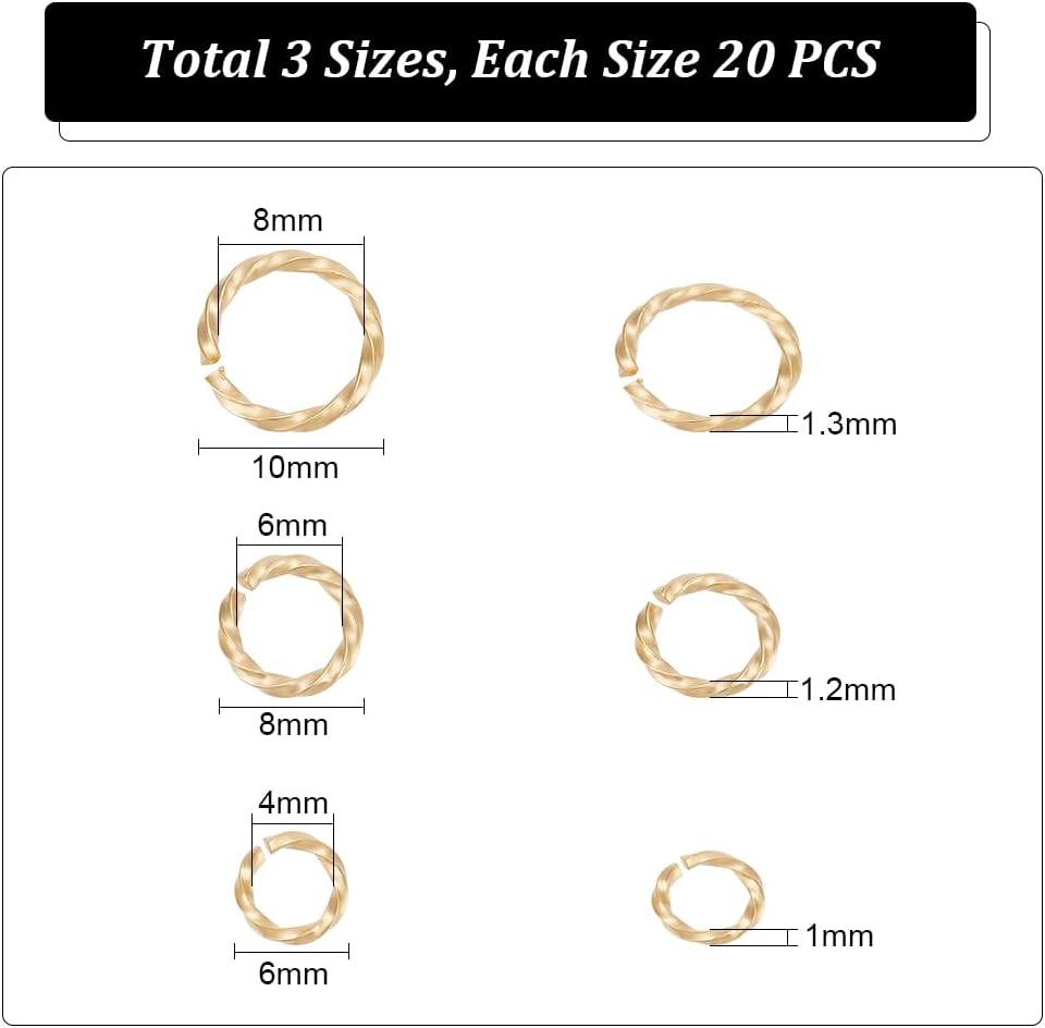 UNICRAFTALE 60 Pcs 3 Sizes 4/6/8mm 304 Stainless Steel Jump Rings - Twisted, Open, Round Golden, Connector & Small Metal O Ring for DIY Earring, Bracelet, Necklace