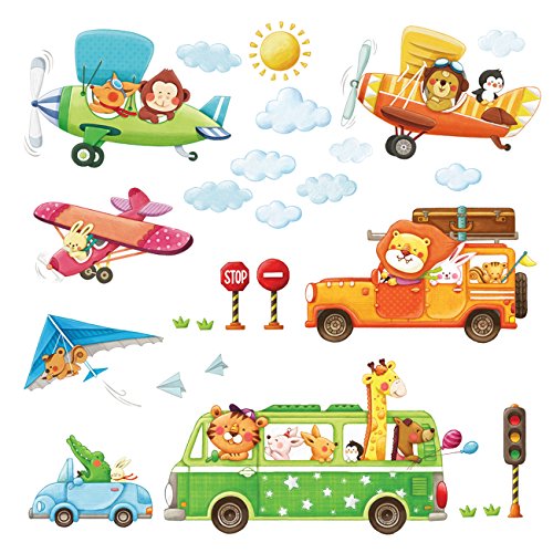 DECOWALL DA-18062P1506B Animal Transports and Biplanes Kids Wall Stickers Wall Decals Peel and Stick Removable Wall Stickers for Kids Nursery Bedroom Living Room dÃ©cor
