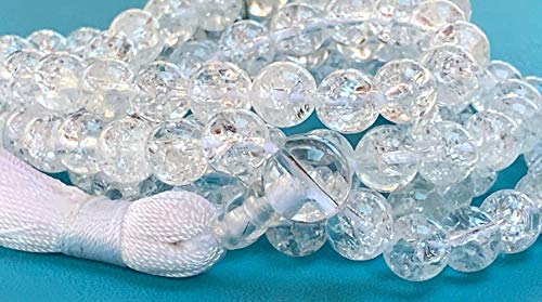 CRYSTAL QUARTZ RARE HIMALAYAN ICE NIRVANA QUARTZ APPROX. 8 MM 108+1 BEADS PRAYER JAPA MALA NECKLACE (SAFTIK SPHATIK SPATIK)-BLESSED & ENERGIZED HINDU TIBETAN BUDDHIST PRAYER KARMA BEADS SUBHA ROSARY MALA FOR NIRVANA, BHAKTI, FOR REMOVING INNER DOSHAS