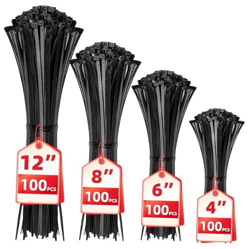 Cable Zip Ties,400 Pack Black Assorted Sizes 12+8+6+4 Inch,Multi-Purpose Self-Locking Nylon Cable Cord Management,Plastic Wire Ties for Home,Office,Garden,Workshop. By HAVE ME TD