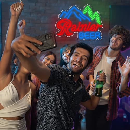 Image of Beer Neon Sign for Wall Decor Bar Led Neon Light Rainiier Beer Light up Sign for Man Cave Led Neon Sign for Bedroom,Bar,Pub,Bistro,Shop,Party,Gifts USB Powered Size16.1 * 11.5in(ZYLD180)