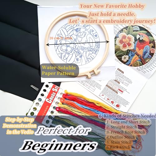 Image of FONNUY Embroidery Kit for Beginners, Birds with Flowers Pre-Stamped Pattern Kits for Adults with Hoop, Easy to Follow Color Thread Needlework, 8'' Hoop (Orange Parrot)