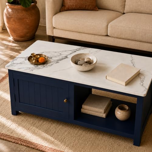 Image of Solid Wood Center Table Premium Sintered Stone Coffee Table for Living Room Wooden Centre Table Premium Acrylic Midnight Blue Finish 110 x 60 x 40 cm